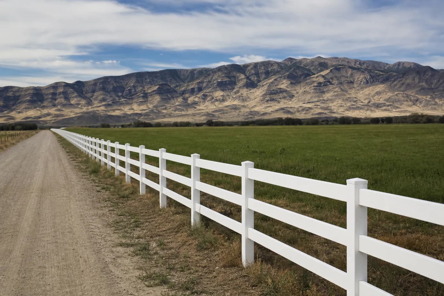 White three-rail fence along a dirt road through a wide valley of fields with dry mountains behind