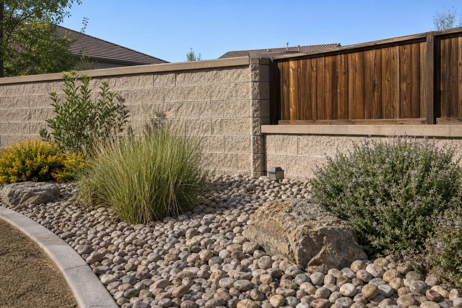 Tan split-face concrete block wall with a cap along a rear property line with desert landscaping