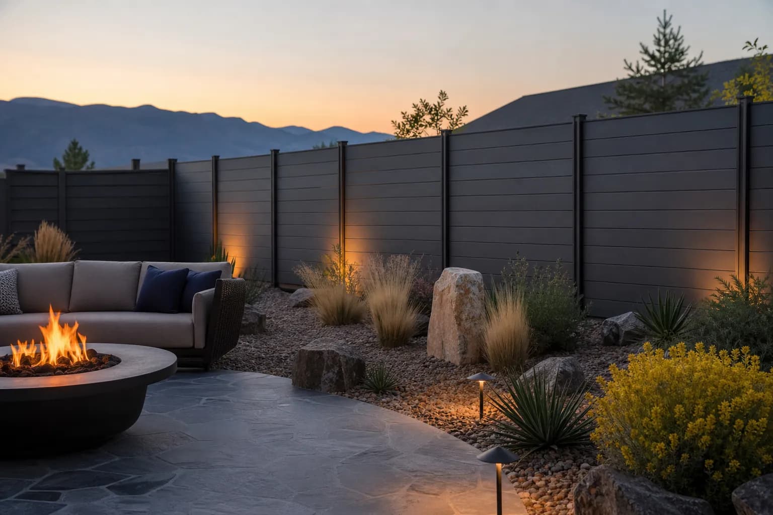 Dark gray composite horizontal privacy fence on aluminum posts behind a patio with a fire pit and desert plants
