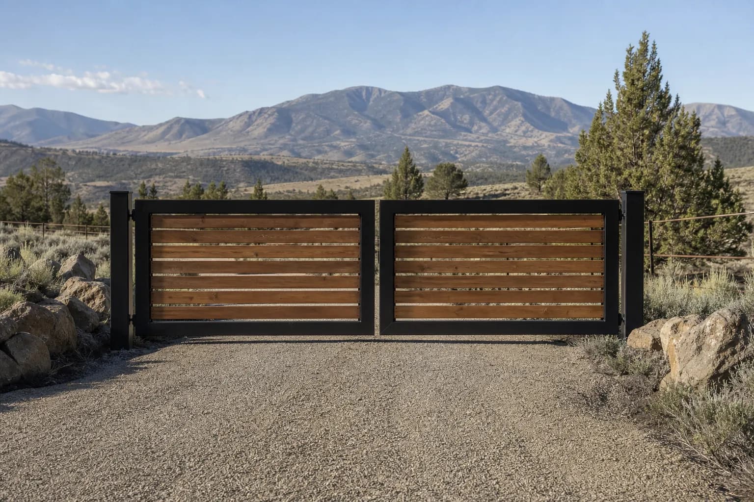 Double swing driveway gate of black steel and horizontal cedar between square steel posts at the end of a gravel drive