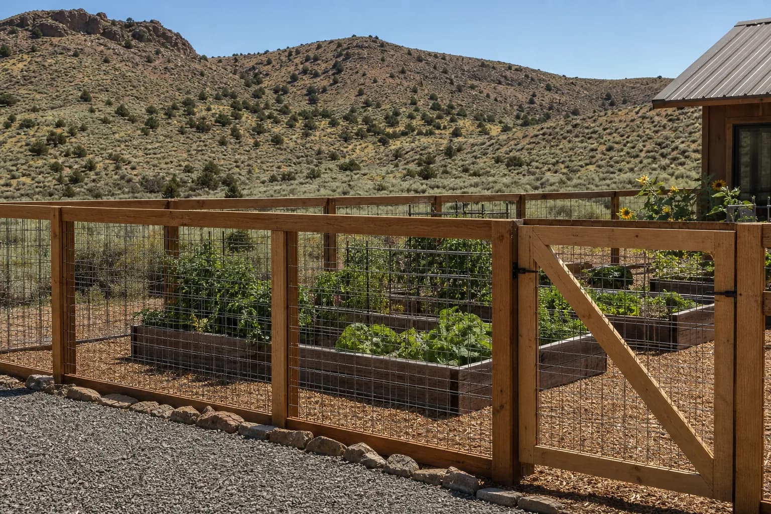 Welded wire panel fence in a cedar frame around a garden on an open lot with sagebrush hills