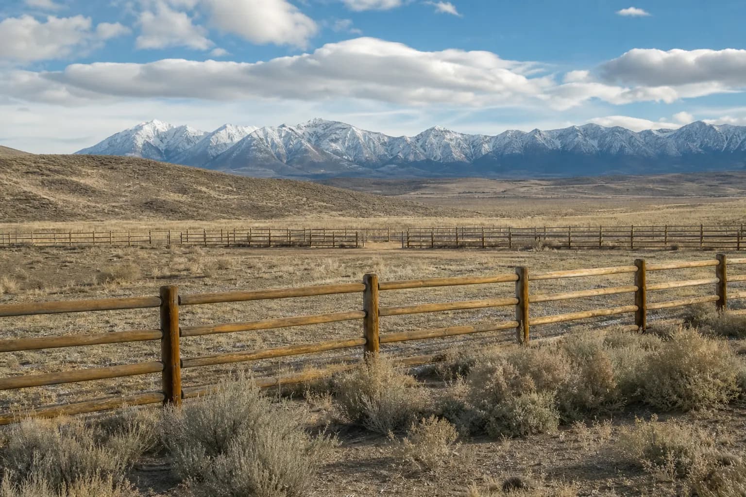 Three-rail wooden split rail fence across an open pasture lot with sagebrush and snow-capped mountains behind